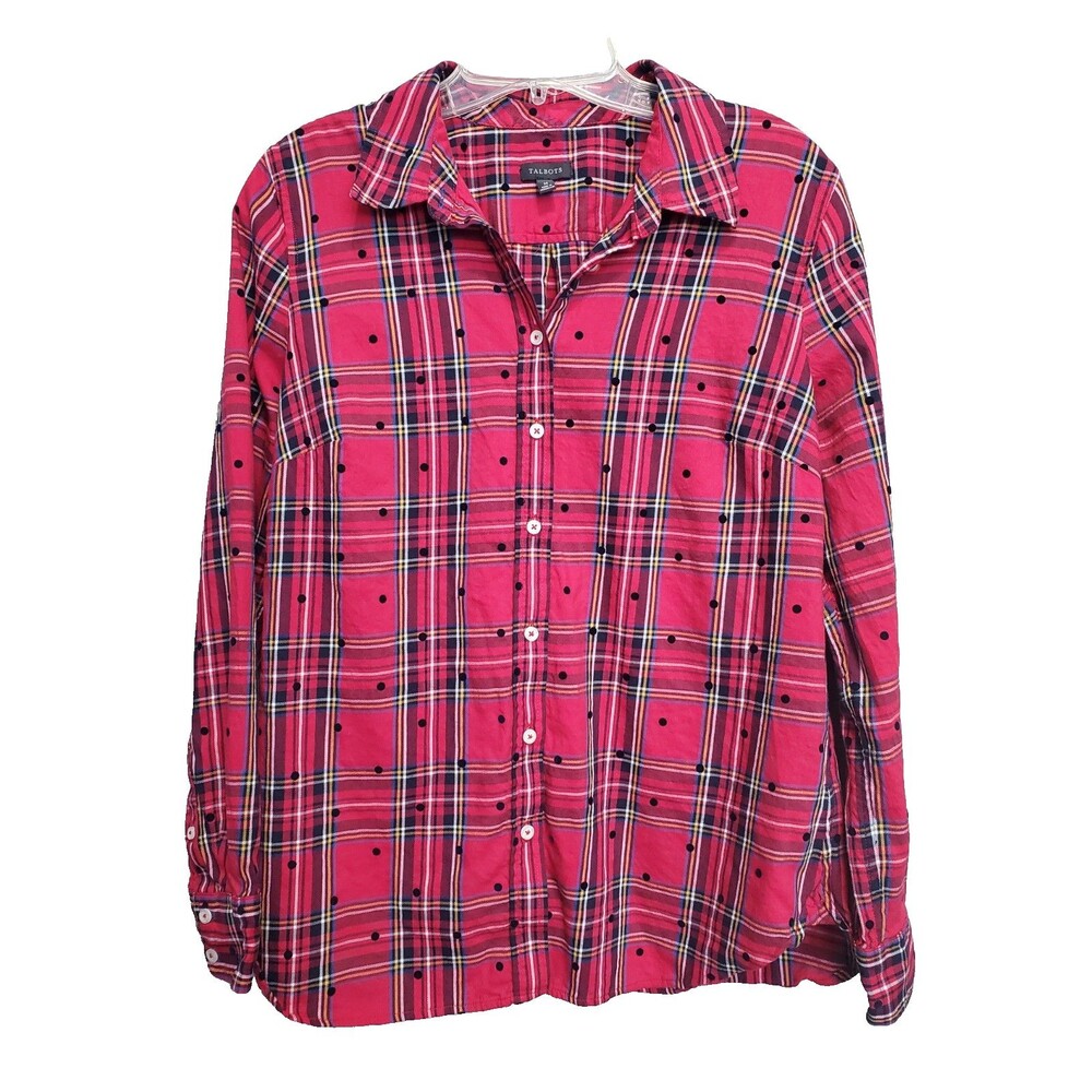 Talbots Cotton Blend Red Plaid Flocked Long Sleeve Button-Up Shirt Size Medium